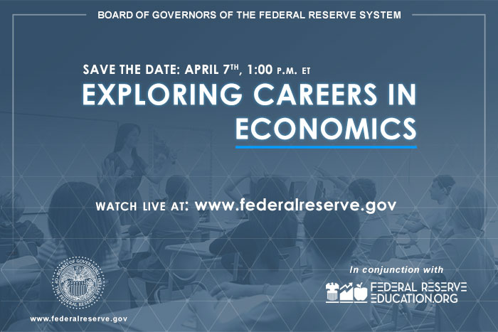 Save the date: Virtual Exploring Careers in #Economics April 7, 2021 at 1:00 p.m.

The Federal Reserve welcomes students via webcast to discuss career opportunities and diversity in economics. #FedEconJobs #EconTwitter 

Learn more: go.usa.gov/xsnTJ