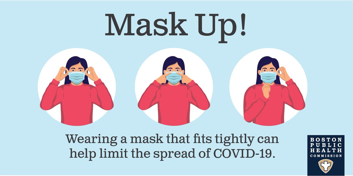 HealthyBoston's tweet photo. Want to protect yourself against the #COVID19 variants? Wear a mask that fits well! Make sure it covers your nose and mouth and sits snugly against your face so it prevents any air from leaking out. #MaskUpMA #StoptheSpread https://t.co/KyfTUN6pj4