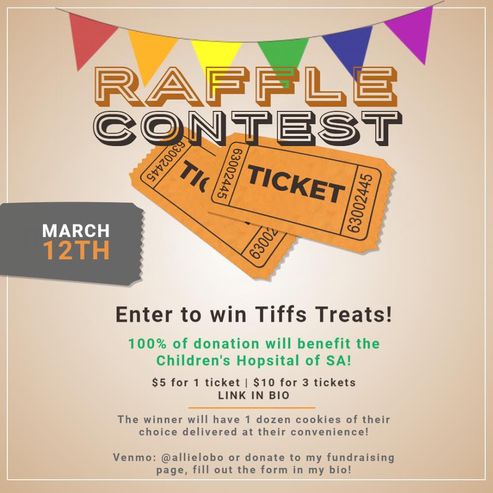 Allielobo's tweet photo. Hi Everyone! I’m raising money for @childrenshospsa through @TUTigerThon. For only $5 you can enter to win @tiffstreats while helping to provide life saving medical care in SA! Link in bio #ftk #TigerThon #dancemarathon #raffle #tiffstreats #cookies #forthekids https://t.co/xqv5G7shVk