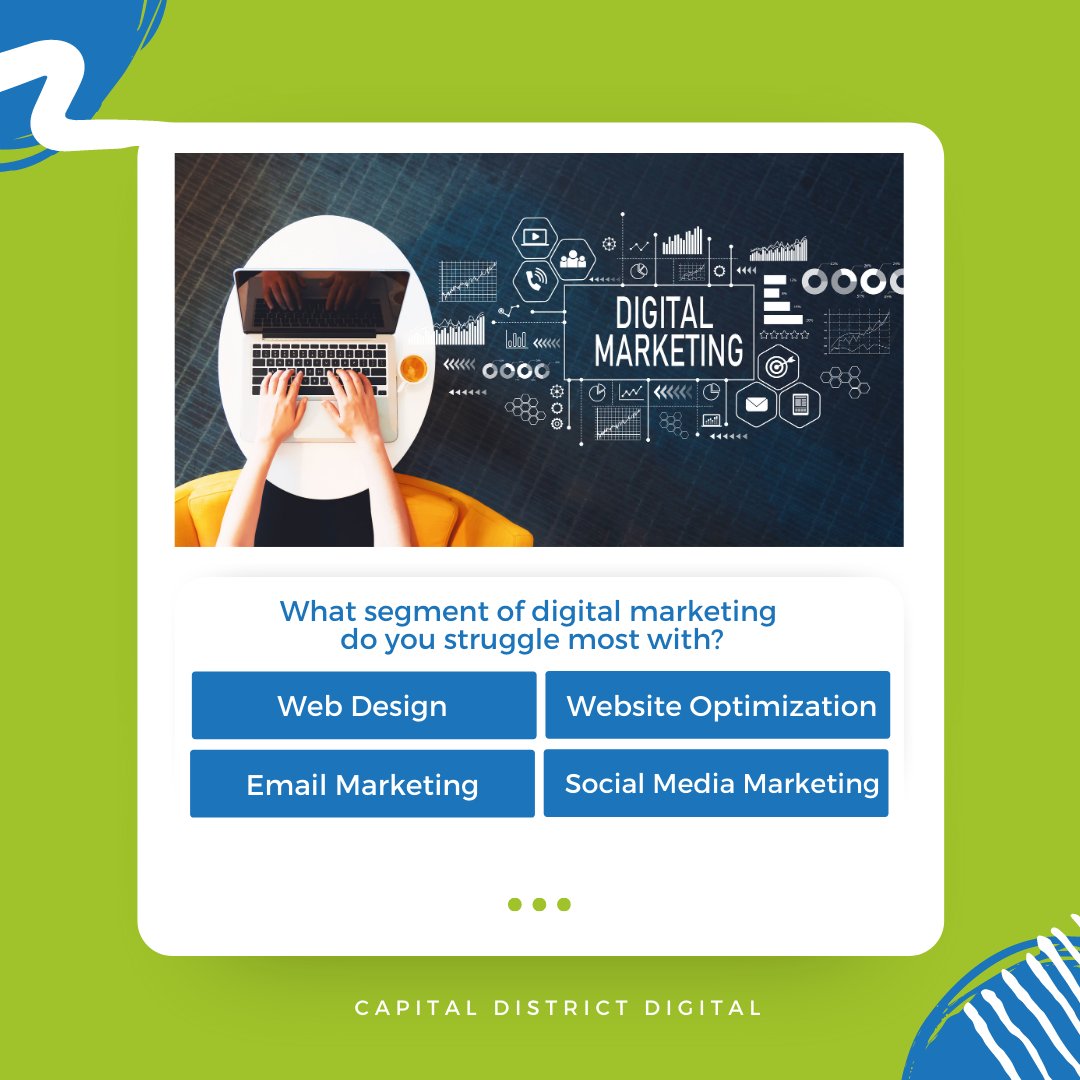 CapDisDigital's tweet image. What segment of digital marketing do you struggle most with? Let us know how we can help you! #DigitalMarketing #WebDesign #EmailMarketing #WebsiteOptimization #SocialMediaMarketing