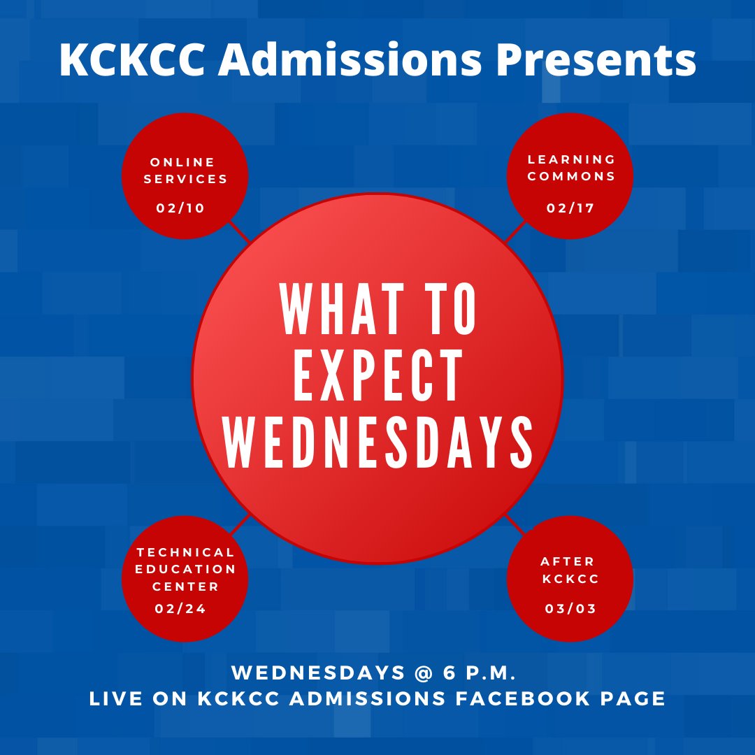 Join the admissions team TODAY 03/03 at 6PM for our interactive Facebook live event, What to Expect Wednesdays: After KCKCC. #KCKCCProud #Youbelonghere