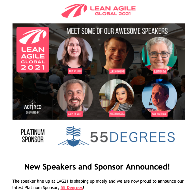 55DegreesAB's tweet photo. We are excited to be a platinum sponsor of this year's @LeanAgileGlobal conference on May 24-25 (and for @EverydayKanban to speak!) Sign up to attend today and stop by our virtual booth during the conference! https://t.co/qV76uUUUdm