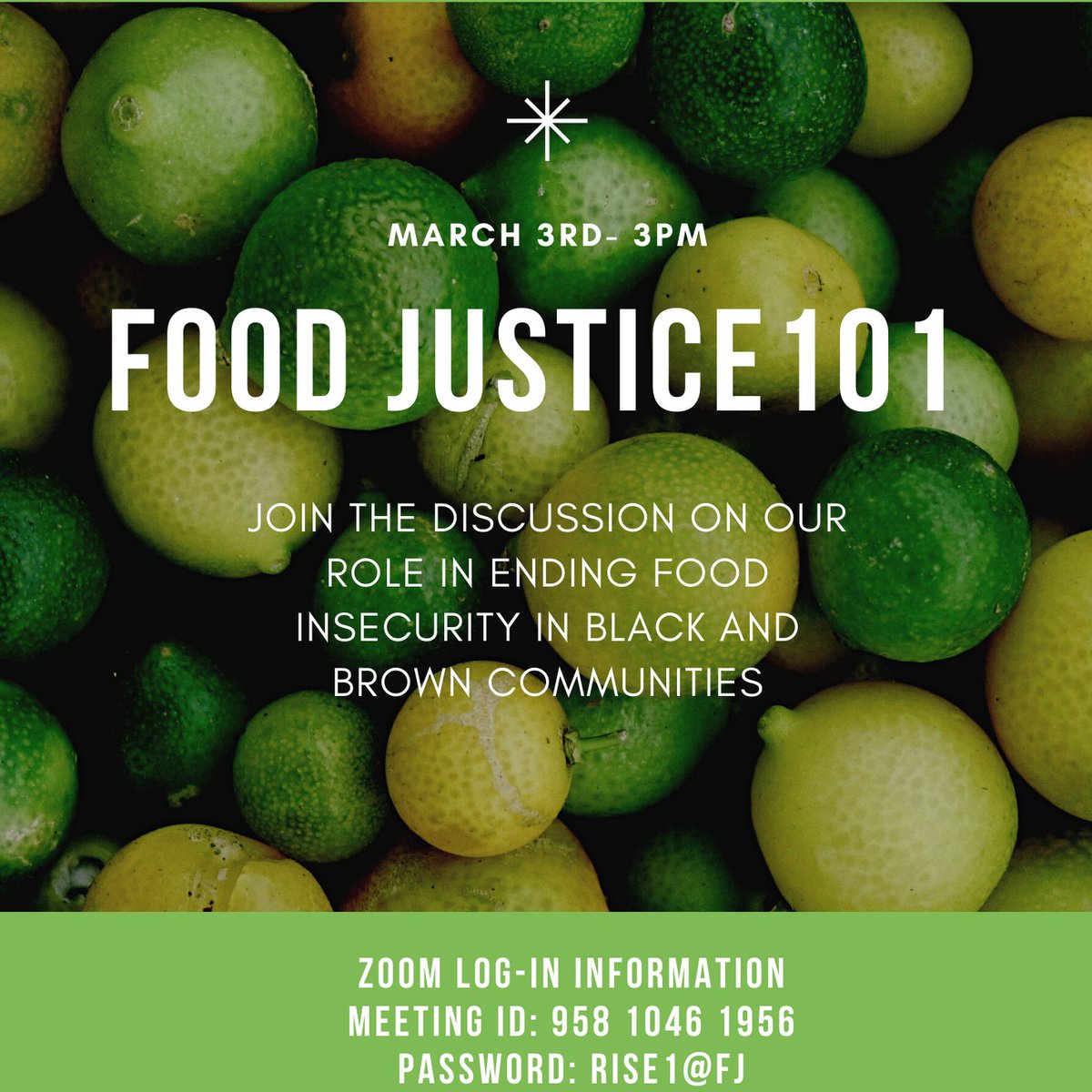 Food is essential! Join our discussion to learn how we each can work towards increasing accessibility to everyone.  

ZOOM LOG-IN INFORMATION
meeting id: 958 1046 1956
password: Rise1@FJ