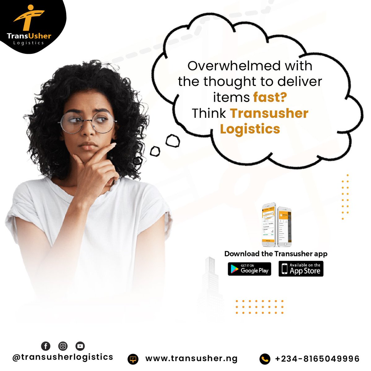 transusher's tweet photo. Overwhelmed with the thought to deliver items fast? 🛍️
Think @transusherlogistics 📦🏍️
Make all dispatch requests on the Transusher app and keep track of your delivery as we pick up and deliver promptly.
#pickupanddelivery #dispatch #lagosdispatch #pickups, #lagos #lagosdelivery https://t.co/CZnVNKNYRC