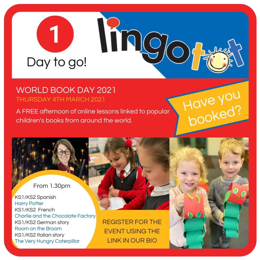 One day to go! We can’t wait to share our FREE World Book Day online language classes and stories with schools across #kent tomorrow - has your school signed up?  
#WorldBookDay2021