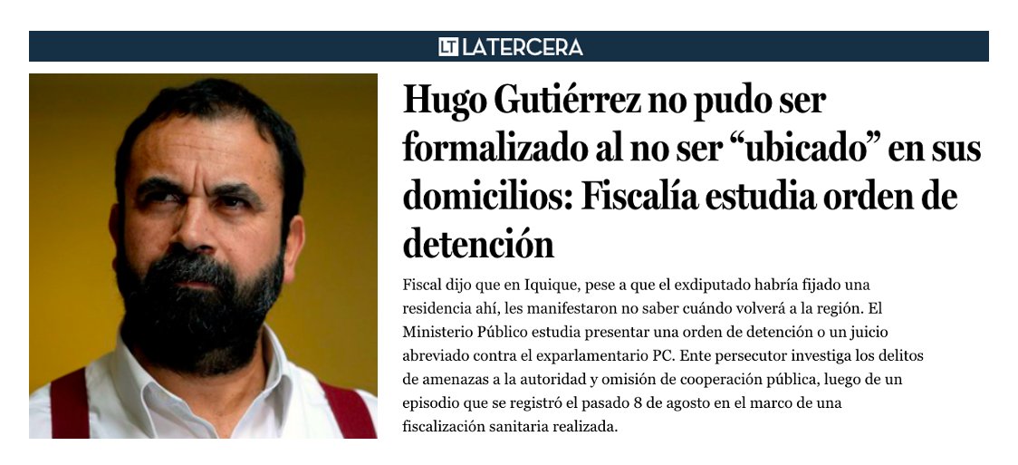 tomasfuentes's tweet photo. ¡Una Vergüenza! Ex diputado y candidato constituyente @Hugo_Gutierrez_ No PUDO SER FORMALIZADO, porque no fue ubicado en ninguno de sus 5 domicilios para ser notificado. Insólito que un candidato a la Convención actúe como prófugo, al margen de la ley. ¿Qué opina @gteillier? https://t.co/uxjmBoqJEO