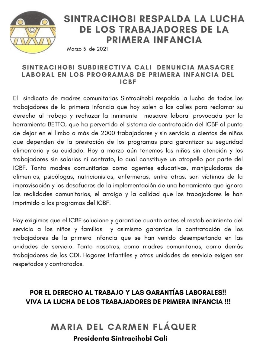 catilinaria6's tweet photo. Trabajadores de   primera infancia denuncian riesgo de masacre laboral causado por #BETTO; cientos de trabajadores a marzo sin garantías,contrato ni ingresos,niños sin atención.@ICBFColombia debe escuchar y responder. @linaarbelaez @BravoRiomana @diogenesorjuela @JorGomezCamara https://t.co/htlDXY7W40