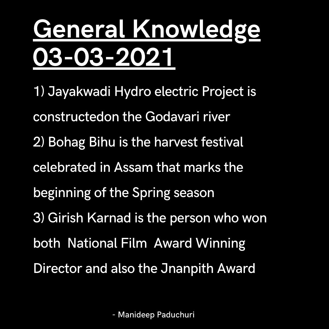 MANIDEEP009's tweet image. #India #Jayakwadi #HydroProject #Godavari #River #BohagBihu #Bihu #Assam #Festival #SpringSeason  #DigitalLearning #DigitalWorks #Quiz #KhatabookQuiz #Year2021  #Khatabook #DailyQuiz #Mar032021 #DailyKnowledge #UPSC #GirishKarnad #IAS #NationalFilmAward @Khatabook #JnanpithAward