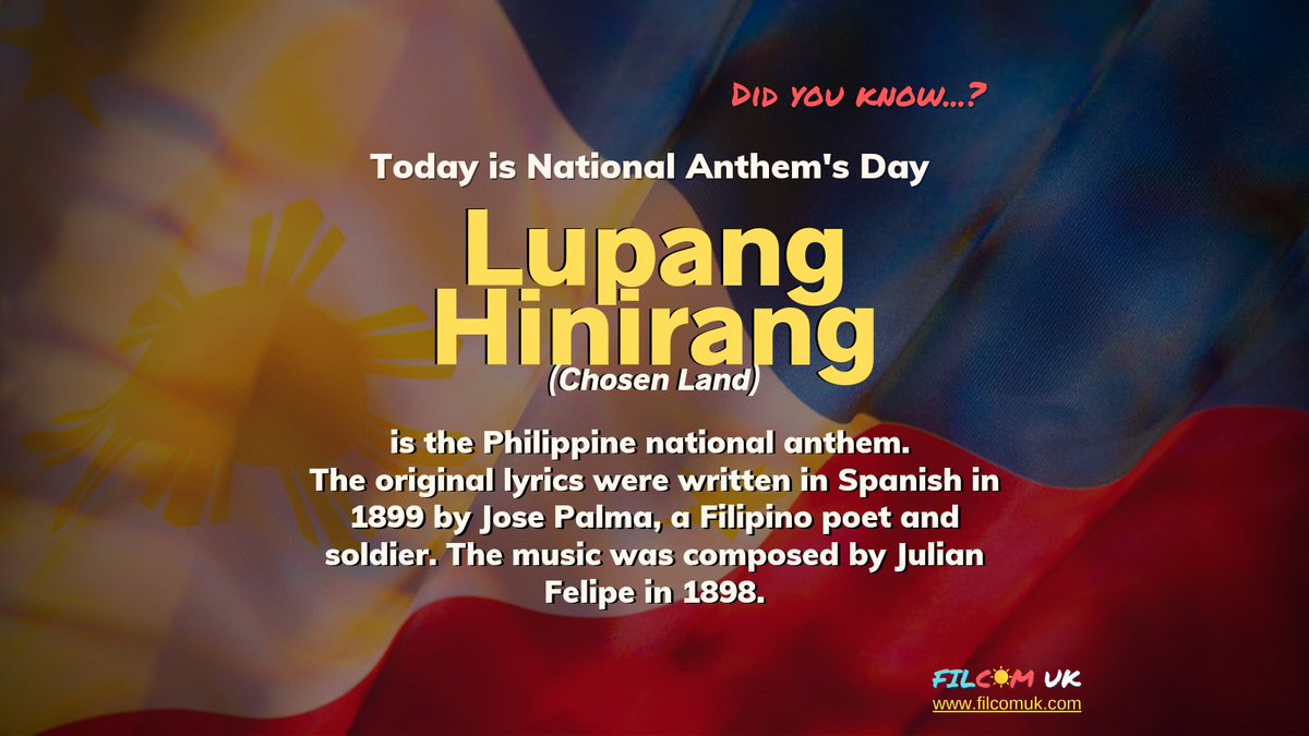 FilComUK's tweet image. Happy National Anthem Day 🇵🇭 🇵🇭 🇵🇭 

#lupanghinirang #bayangmagiliw #perlasngsilanganan #nationalanthem #nationalanthemday #pinoy #filipino #filipinoculture #pinoypride #filipinopride
#philippines #pilipinaskongmahal #pilipinas #mabuhayangpilipinas