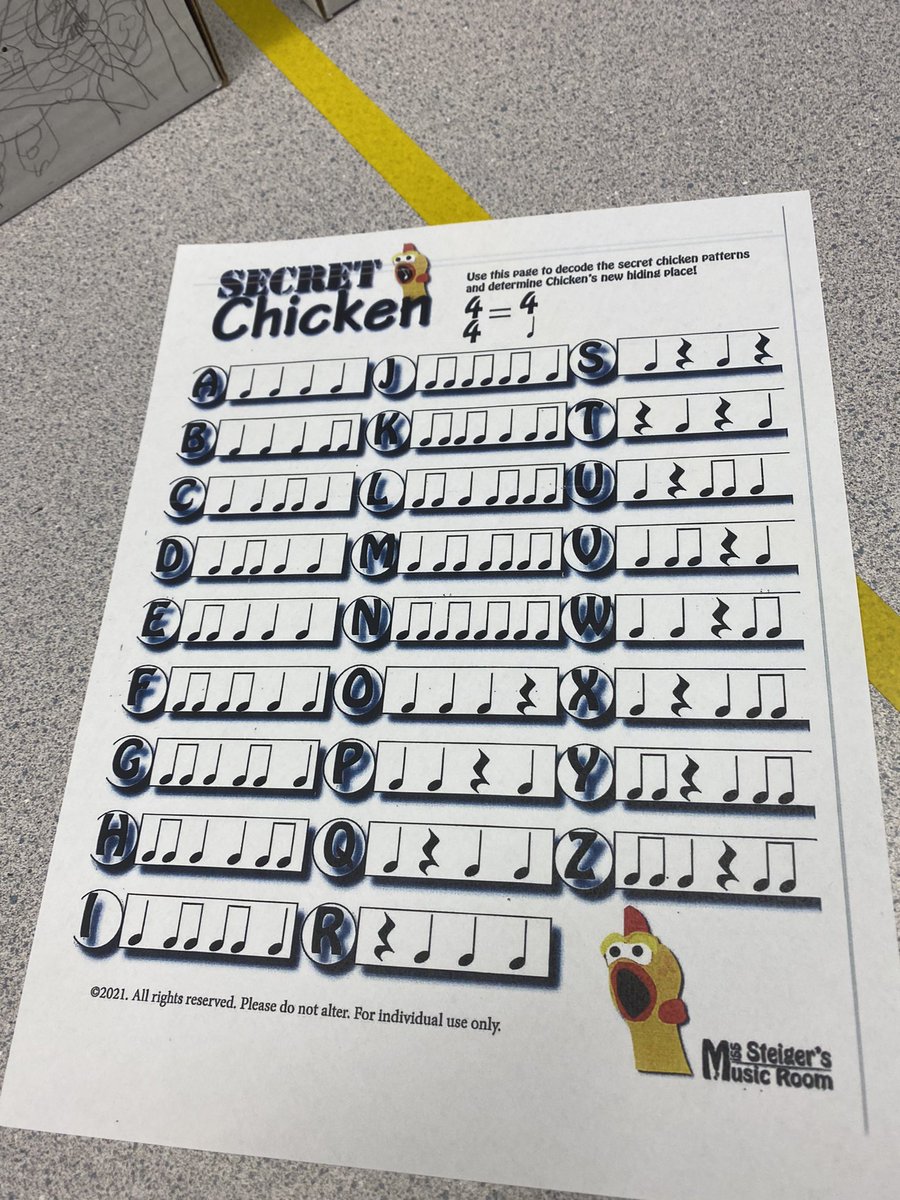 _kochs's tweet photo. Today in music class we played a new game, Secret Chicken! We decoded rhythms to find the location of the Secret Chicken and then learned about the music where he was hiding! So much fun! #rhythmdecoding #secretchicken https://t.co/jzA6nFYPGj