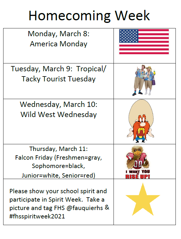 Who's ready for some Spirit?  In preparation for Homecoming, our FHS spirit week is March 8 - 11!
