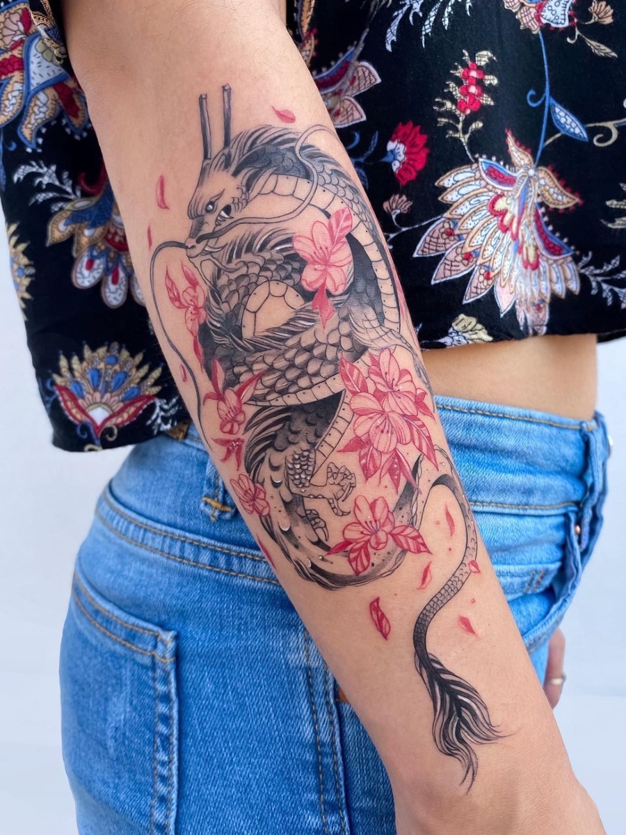 Dragon and cherry blossoms by Boston Rogoz TattooNOW