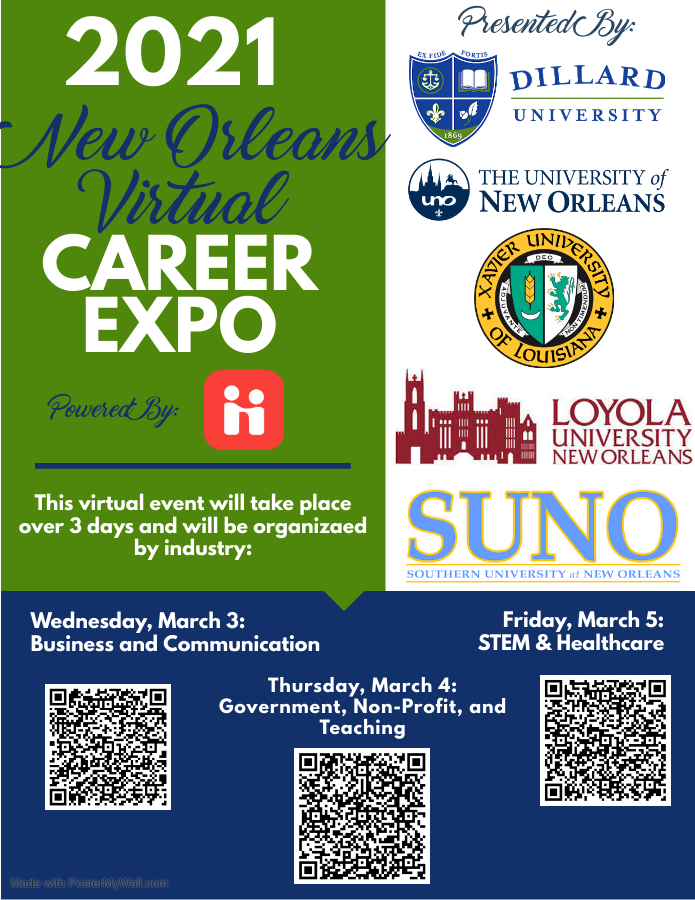 du1869's tweet photo. 🔹The 2021 NOLA Virtual Career Expo starts today 12-4 p.m. on @joinHandshake!

🔹170 Employers and grad schools are registered and looking to HIRE/ADMIT YOU!

🔹Use the QR Codes on the flyer to register.  

#HireABleuDevil #myDU #FairDillard https://t.co/88dpYBnzE5