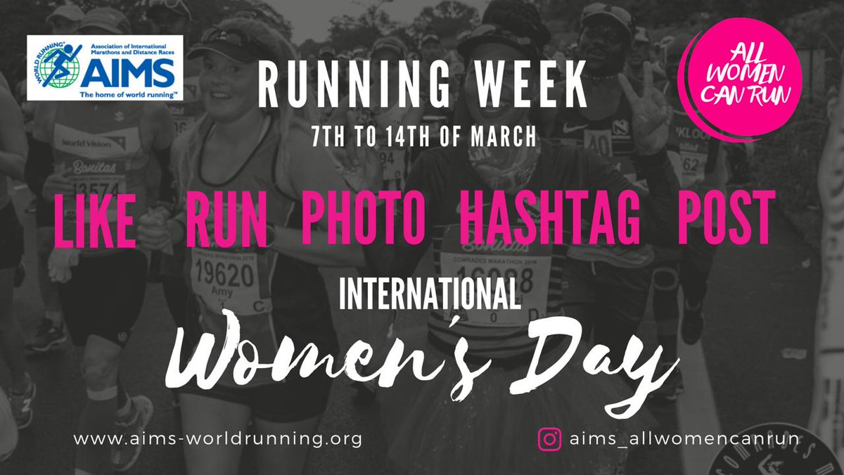 Run_Mexico's tweet image. ❤Semana del Running del Día Internacional de la Mujer. 🏃‍♀️🏃‍♂️
Del 07 al 14 de Marzo.

1. Tómate una foto.
2. Publicala en Instagram: @aims_allwomencanrun

🏆Usa:
#womeninternationalday
#allwomencanrun
#RunMéxico