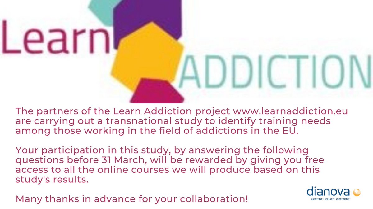 dianovaportugal's tweet photo. Participate on the questionnaire for Professionals working in the field of #addictions → https://t.co/cj6Zlf7FsP @SICAD_Portugal @DeirdreBoyd @AddictionProNet @EURADnews @EMCDDA @PompidouGroup @FedeAddiction @Prabenyamina @AlcoholAuthor @Ganjly420 @Dianova_org @UNADenred https://t.co/uPV7mdvEvm