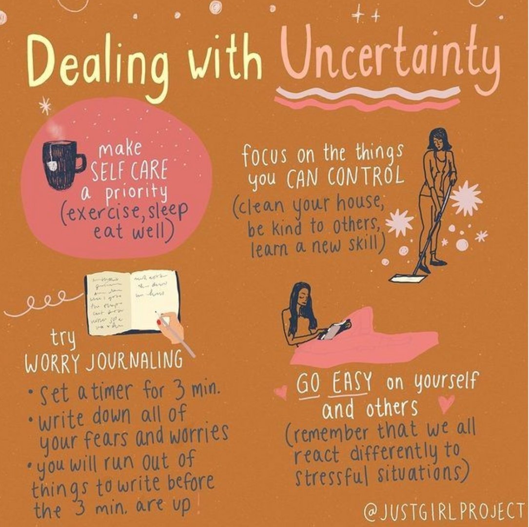 Good morning writers, here are some tips for dealing with uncertainty from @justgirlproject and artist @eriicalewiis.

Let us know below if these are some coping mechanisms that have helped you, also.

#SelfCareRoutines #WritingTips #WritingTutors #EnglishTutors #WritingCenters