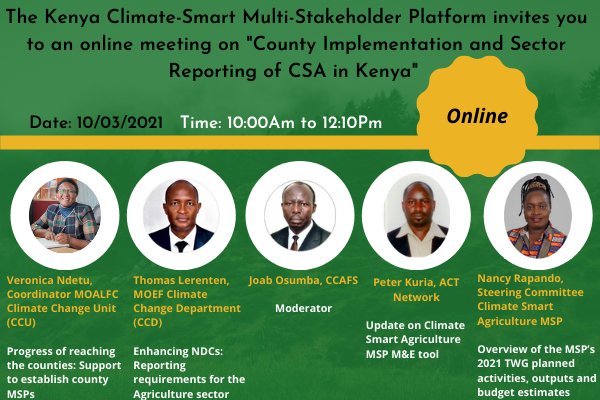Kenya Climate Smart Agriculture - MSP (@kenyacsamsp) on Twitter photo The Kenya Climate Smart Agriculture Multi Stakeholder Platform meeting on "County Implementation and Sector Reporting of CSA in Kenya" on 10/3/2021 at 10:00Am to 12:10Pm.
<a href="/FaithGikunda/">Faith Gikunda</a> <a href="/MaryNyasimi/">Dr. Mary Nyasimi</a> <a href="/FutureForAll/">Μέλλον για Όλους - Future for All</a> <a href="/CGIARclimate/">CGIAR Climate Action</a> <a href="/catmungai/">Catherine Mungai</a> <a href="/MamaNjihia/">Laura Cramer</a> The Kenya Climate Smart Agriculture Multi Stakeholder Platform meeting on "County Implementation and Sector Reporting of CSA in Kenya" on 10/3/2021 at 10:00Am to 12:10Pm.
<a href="/FaithGikunda/">Faith Gikunda</a> <a href="/MaryNyasimi/">Dr. Mary Nyasimi</a> <a href="/FutureForAll/">Μέλλον για Όλους - Future for All</a> <a href="/CGIARclimate/">CGIAR Climate Action</a> <a href="/catmungai/">Catherine Mungai</a> <a href="/MamaNjihia/">Laura Cramer</a>
