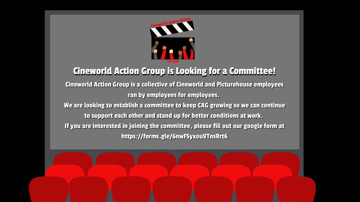 Cineworld Action Group is looking for a committee!

It’s nearly a year since we formed and we want to keep CAG growing so we can continue to support each other ✊

If you’re a Cineworld or PH employee, fill out this form to register your interest ⬇️

forms.gle/6nwF5yxouVTnsR…