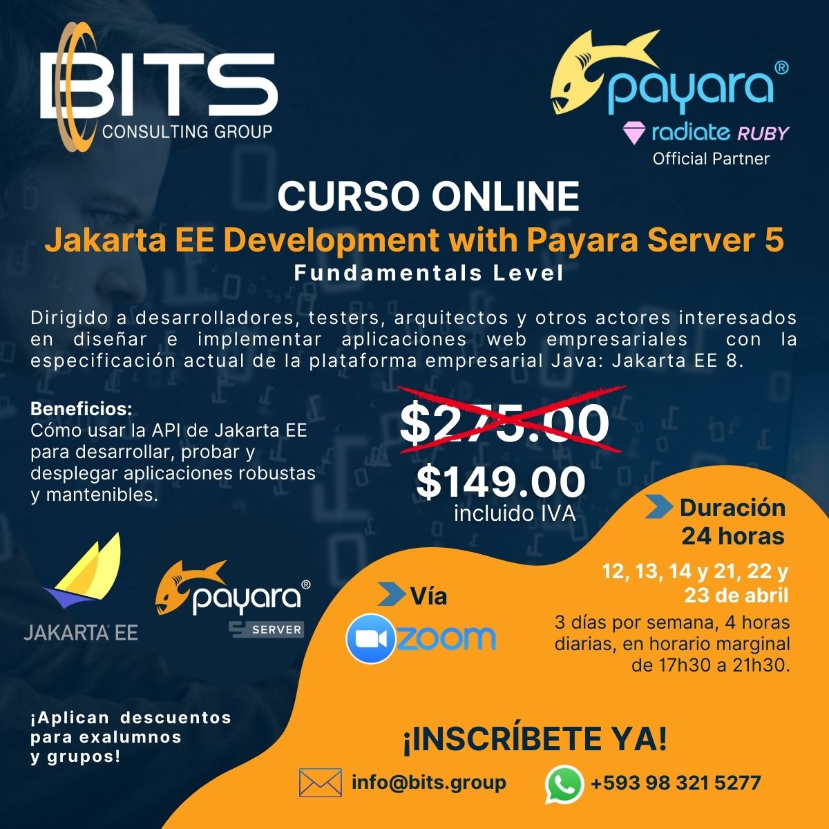 BITS_Group's tweet image. Inscripciones abiertas ¡No te lo pierdas! 😊🙌
Este curso es imperdible si quieres estar al día en lo mejor de la tecnología enterprise para middleware 💻🤯
#payaraserver #javaenterprise #jakarta #javaprogramming
