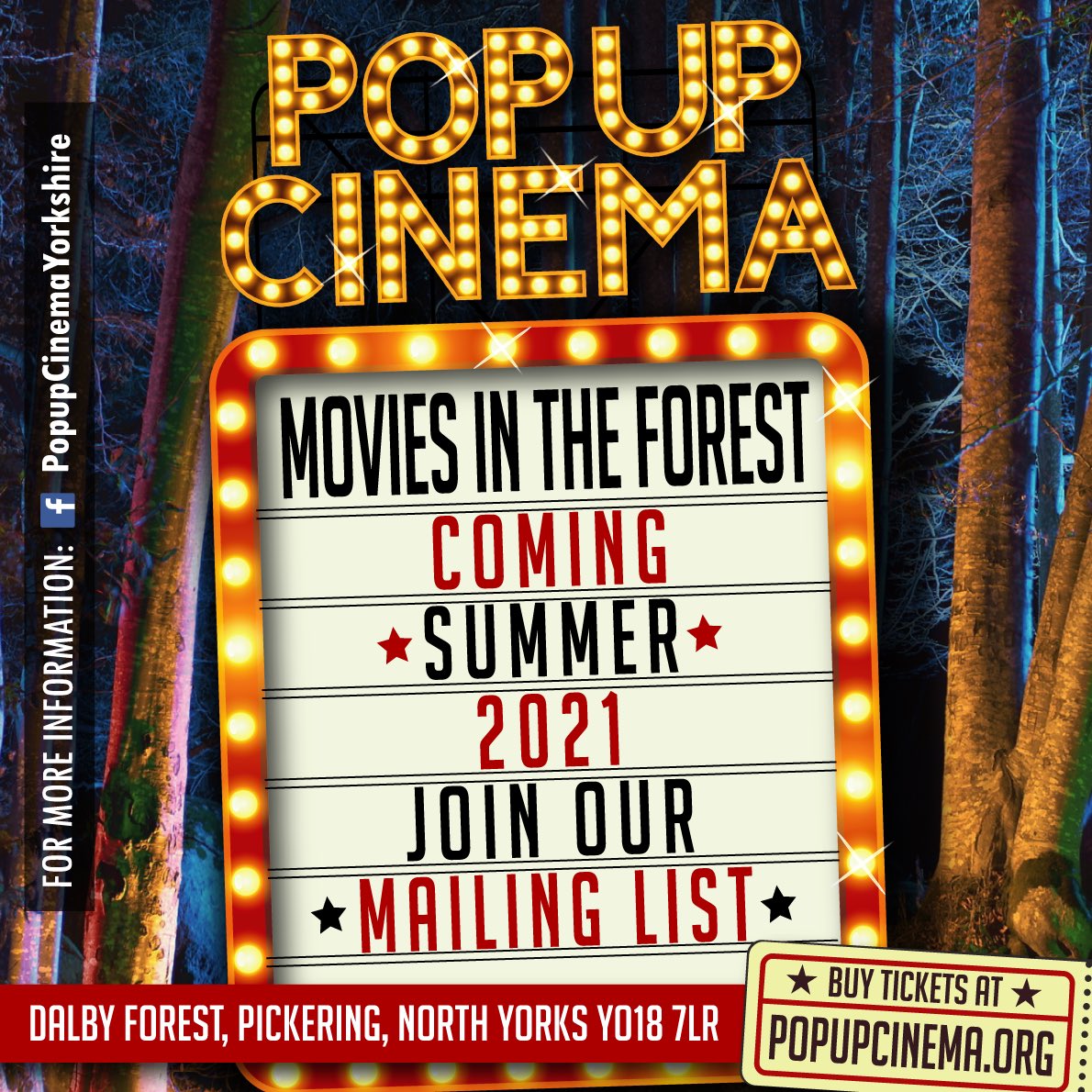 Pop-Up Cinema Yorkshire (@popup_cinema) on Twitter photo We will be announcing the details of our <a href="/Dalby_Forest/">Forestry England Dalby</a> Movie Nights with overnight camping very soon, so why not join our mailing list to be the first to hear what we’re up to. Plus pre-sale information, discounts and lots more.
Sign up here: eepurl.com/hbkbbH We will be announcing the details of our <a href="/Dalby_Forest/">Forestry England Dalby</a> Movie Nights with overnight camping very soon, so why not join our mailing list to be the first to hear what we’re up to. Plus pre-sale information, discounts and lots more.
Sign up here: eepurl.com/hbkbbH