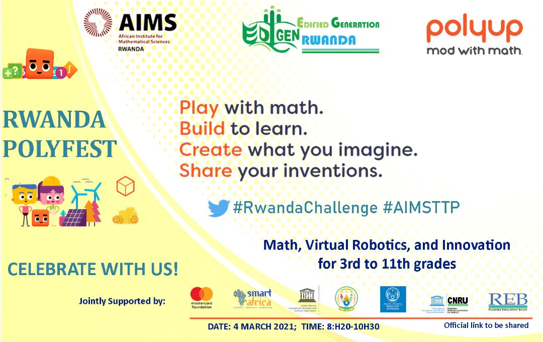 TTP_Rwanda's tweet photo. We are proud to join in the virtual @PolyupInc festival tomorrow to showcase & celebrate achievement of our students & teachers during the first @EdifiedGeneration national mathematics and robotics challenge. Over 20 schools will participate. @REBRwanda @Rwanda_Edu @RwandaICT https://t.co/enGpFbR5b9