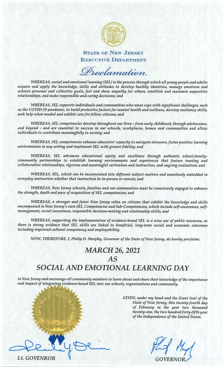 New Jersey Department of Education (@newjerseydoe) on Twitter photo In addition to a proclamation signed by <a href="/GovMurphy/">Governor Phil Murphy</a>, the NJ State Board of Education passed a ceremonial resolution designating March 26th as #SELDay.
We will be celebrating SEL all month & want to know some of your favorite ways to reinforce SEL in & out of the classroom! In addition to a proclamation signed by <a href="/GovMurphy/">Governor Phil Murphy</a>, the NJ State Board of Education passed a ceremonial resolution designating March 26th as #SELDay.
We will be celebrating SEL all month & want to know some of your favorite ways to reinforce SEL in & out of the classroom!