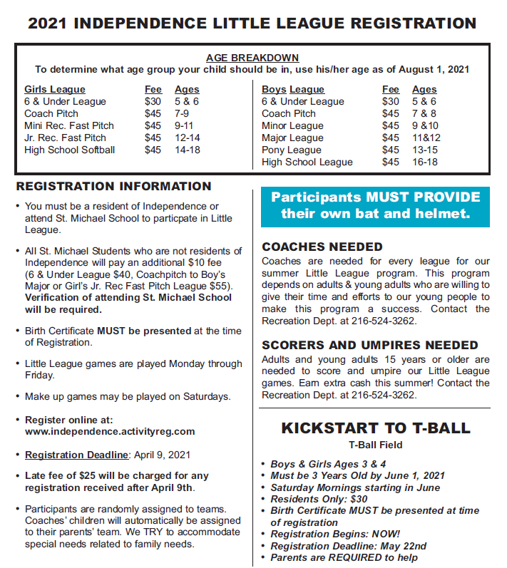 IndyRec's tweet image. 2021 Little League &amp;amp; Kick Start to T-Ball registration is now open! Review the details &amp;amp; guidelines below and register online today:

Little League: independence.activityreg.com/selectactivity…

Kickstart To T-Ball: independence.activityreg.com/selectactivity…