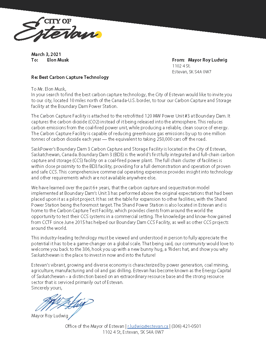 EconomicEstevan's tweet photo. Hey Elon Musk, in your search to find the best carbon capture tech, the City of Estevan would like to invite you to our city, to tour our Carbon Capture and Storage facility at the Boundary Dam Power Station. 
Read Mayor Ludwig's full letter here ⬇️RT to help us share the word! https://t.co/cplrcWdzXx