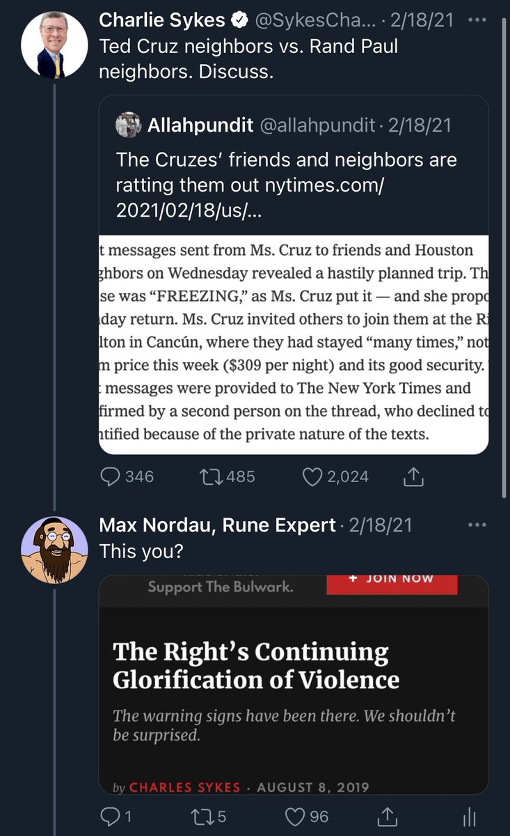 MaxNordau's tweet photo. I wonder which of these three tweets, in which I pointed out that political violence is bad, caused @SykesCharlie to block me.

#RideOrDie
#PrinciplesFirst
#ConservatismConserved https://t.co/1j6ucZVbzG