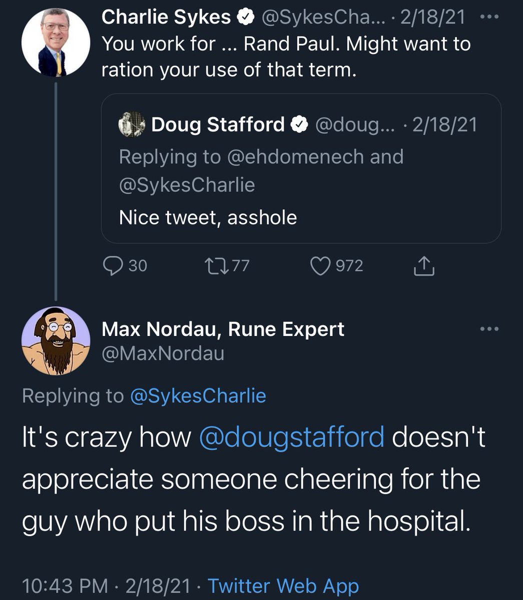 MaxNordau's tweet photo. I wonder which of these three tweets, in which I pointed out that political violence is bad, caused @SykesCharlie to block me.

#RideOrDie
#PrinciplesFirst
#ConservatismConserved https://t.co/1j6ucZVbzG