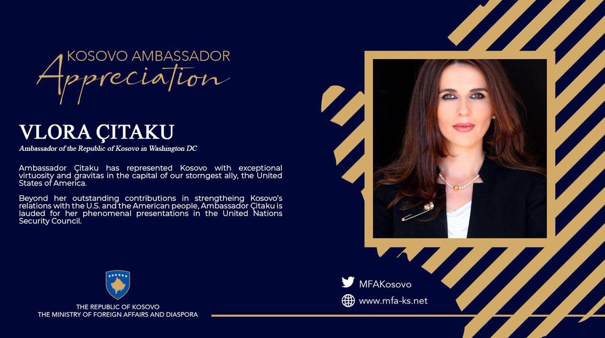 Kosovo’s Ambassador in #WashingtonDC <a href="/vloracitaku/">Vlora Çitaku 🇽🇰</a> has successfully completed her mandate. 

We would like to express our most sincere gratitude for her service and outstanding representation of #Kosovo🇽🇰 to the #UnitedStates 🇺🇸.

The very best in your future endeavors Ambassador!