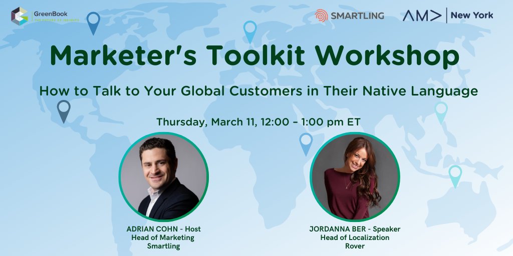 NewYorkAMA's tweet image. Are you searching for tips on how to talk to your international customers? Join us on March 11 from 12pm - 1pm EST for a live webinar on the topics of translation and localization and be part of the conversation! bit.ly/37VNIlW #AMANewYork #MarketersToolkit #localization
