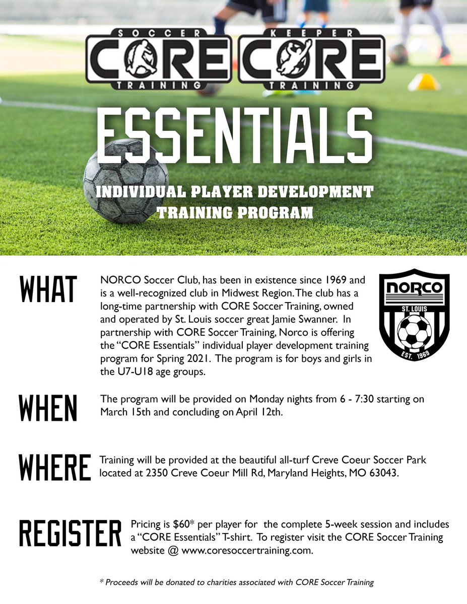 SPECIAL PROGRAM ROLLOUT!

We will be starting our ESSENTIALS program on March 15th and will continue through April 2nd. Go to our website at coresoccertraining.com to register now! 

Spots are limited! Secure yours now!