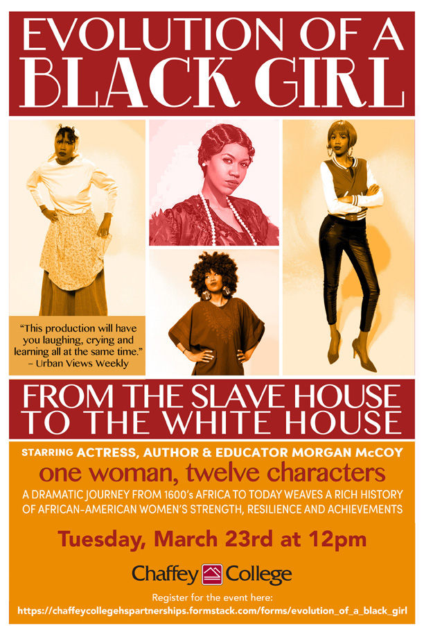Actress <a href="/MorganAMcCoy/">Morgan McCoy</a>, who appeared in the 2019 Harriet Tubman biopic <a href="/HarrietFilm/">#HARRIET</a>, will present her play "Evolution of a Black Girl" on Tues. March 23 at noon.

Register: …eycollegehspartnerships.formstack.com/forms/evolutio…

A message from Morgan about the upcoming show:
vimeo.com/518427415