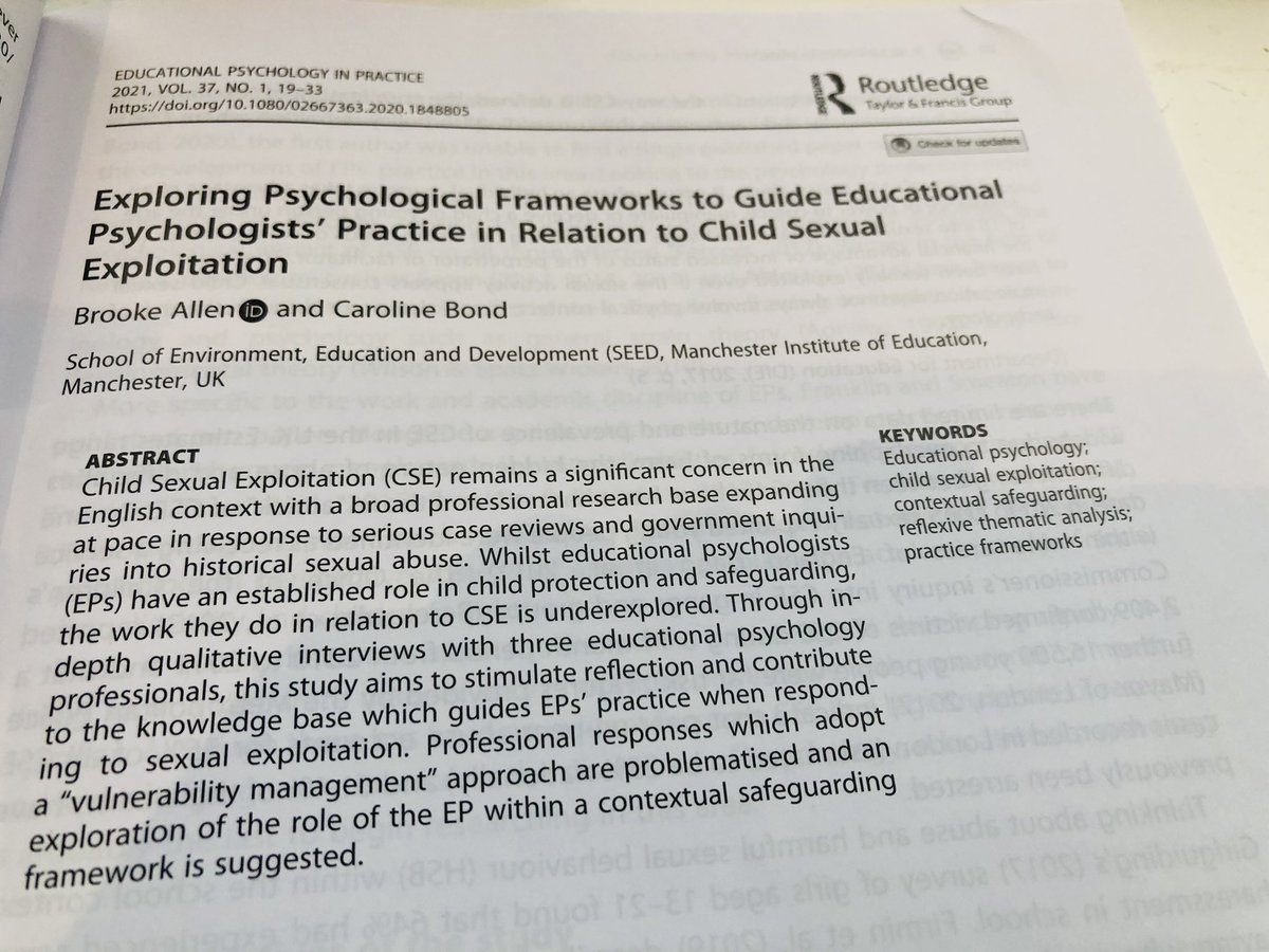 Great to see this in print...and timely given the exposure of children to increased risk of abuse and exploitation during lockdown. #twittereps #contextualsafeguarding @Carolin077Bond @OfficialUoM @AEPsychologists