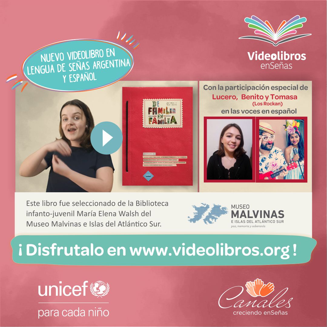 MuseoMalvinas's tweet photo. 🤩 Ahora chicas y chicos, sord@s y oyentes van a poder disfrutar de este NUEVO #Videolibro que seleccionamos especialmente de nuestra Biblioteca Infanto-juvenil María Elena Walsh.
📢 @CanalesArg, junto a @UNICEFargentina, presentan “De Familia en familia”. https://t.co/XR6VHhHbBg