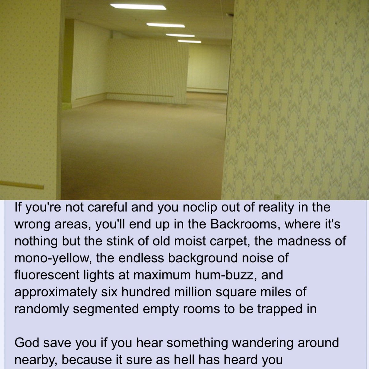 Something David Lynch does which works so well is that he often turns his set in Liminal Spaces which provoke feelings of unease. Kind of like the backrooms.