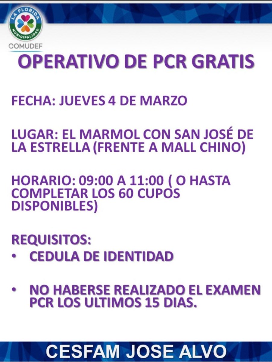 radiolaflorida's tweet photo. Nuevamente toma de PCR.
Para este jueves 04 de Marzo #Cesfamenterreno san José de la Estrella esquina el mármol, son solo 60 cupos, horario de atención de 09:00 hasta las 11.00 hrs.
#informaradiolaflorida #laflorida #OngChile #cesfanjosealvo https://t.co/KEpVGcZLw3