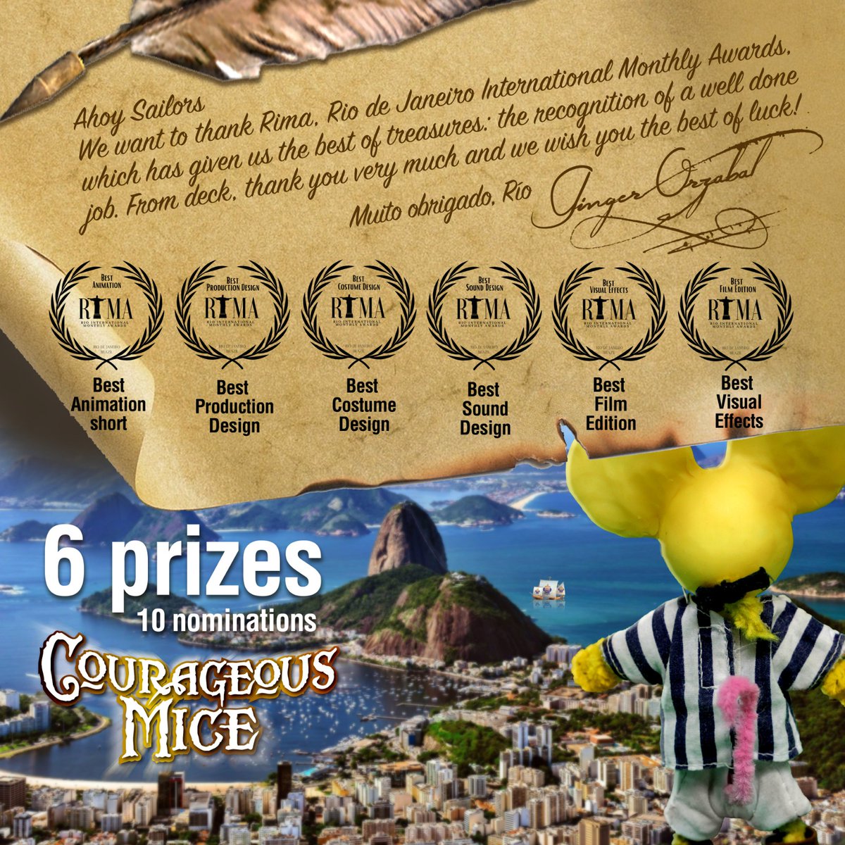 CourageousMice's tweet photo. And... more good news from #BRAZIL!! #CourageousMice got 10 nominations and won 6 #prizes in #RIMAAWARDS !!

Y... ¡más noticias desde #Brasil! ¡¡#RatonesIntrépidos consigue 10 #nominaciones y 6 #premios en los #RIMAAWARDS!!

Mandando todas as nossas boas vibrações, Río!! 😼🐭🇧🇷 https://t.co/GAJn5SCHcf
