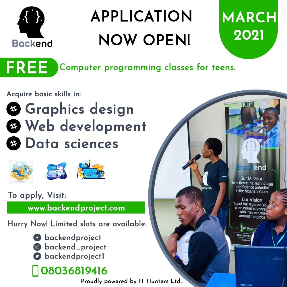 ithuntersltd's tweet image. We look forward to working with skilled individuals who can teach computer programming, data sciences and graphics on our Backend project.
E-mail: admin@backendproject.com
backendproject.com