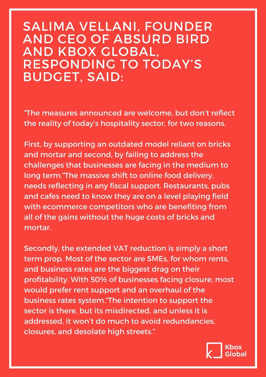 Our Founder Salima's comments on today's budget announcement.

#economyrecovery #economynews #restaurants #delivery