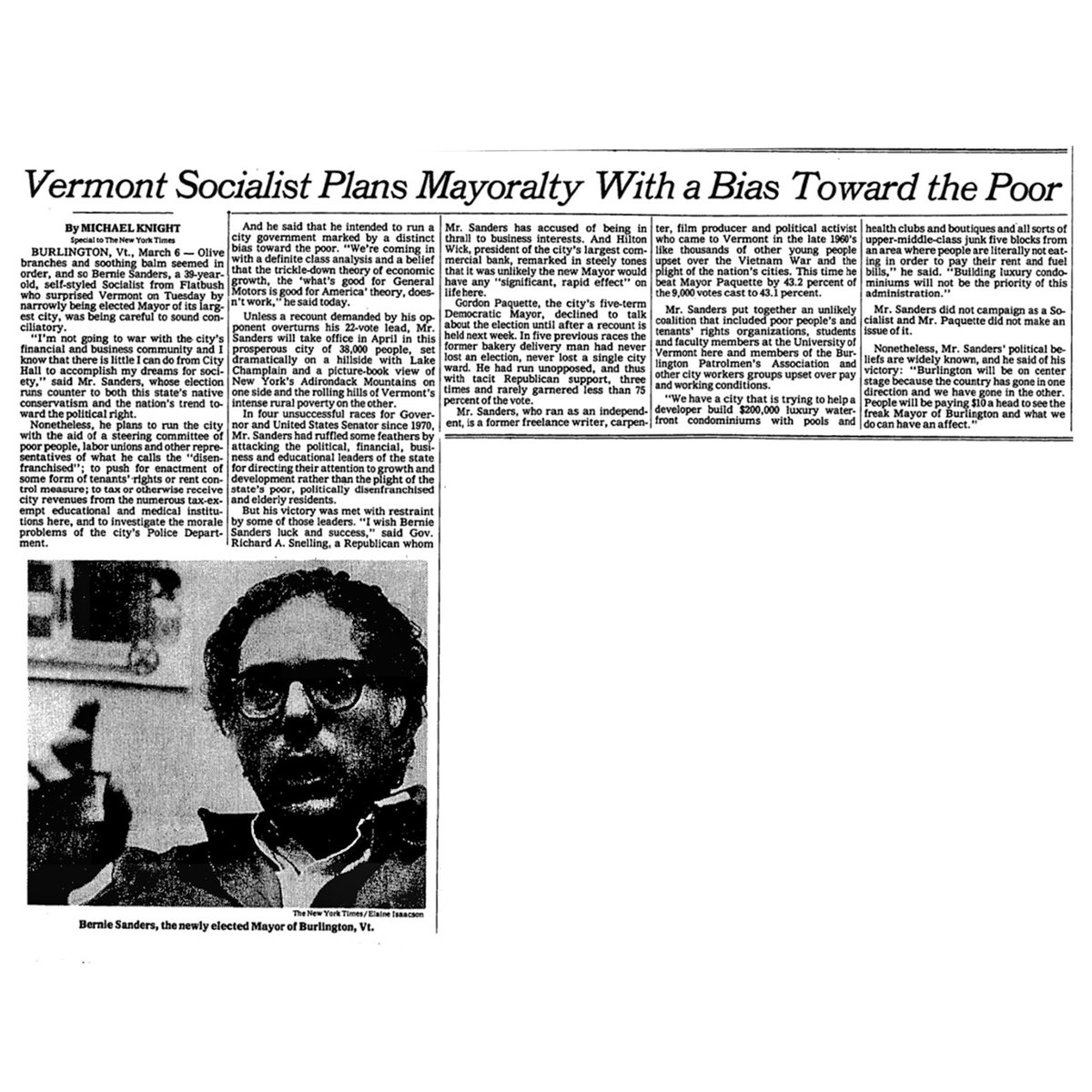 BernieSanders's tweet photo. 40 years ago today, I won my first election to become Mayor of Burlington by just 10 votes. 10 votes. Do not ever let anyone convince you of the notion that your vote does not matter. Your vote matters and we need you to stay involved in the political process. https://t.co/KnmVtyvAh0