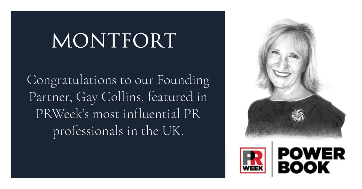 MontfortLondon's tweet image. We are delighted to see our Founding Partner @GayCollins listed again in PR Week’s #Powerbook2021 list of the most influential PR professionals in the UK. Gay has been listed every year since it launched in 2007. 
#PR &amp;amp; #Comms #PRFirms #PRWeek #publicrelations