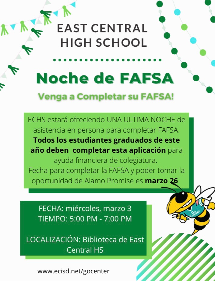 echsgocenter's tweet photo. One last FAFSA night tonight!! 5pm-7pm at ECHS library. Walk-in basis But first come, first served due to capacity limitations. *Masks will be required* #echsgocenter #collegebound #fafsa https://t.co/Cyb9aZLBKi