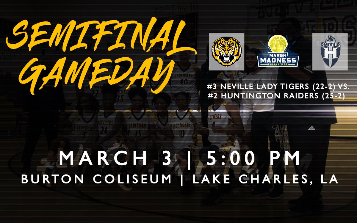 nevillehoops's tweet photo. GAMEDAY! 

#3 Lady Tigers face off against  the #2 @Hoop_HHS Lady Raiders in the Class 4A State Semifinals TONIGHT at 5:00 in Lake Charles! https://t.co/BvQxc4oNXB