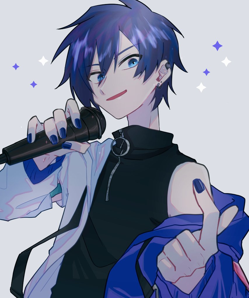 kaito (vocaloid) 1boy male focus blue eyes blue hair microphone holding earrings  illustration images