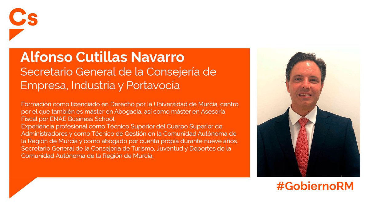 CS Región de Murcia 🇪🇦🇺🇦 (@csregionmurcia) on Twitter photo 👔<a href="/CutillasAlfonso/">Alfonso cutillas Navarro</a>, abogado y asesor fiscal, es el nuevo secretario general de <a href="/Empresa_RM/">Consejería de Empresa, Empleo y Economía Social</a>.
🍊La Consejería que dirige <a href="/AnaMartinezVid1/">Ana Martínez Vidal</a> suma ADN naranja para seguir impulsando la #MurciaRegiónEmpresarial.
ℹ️ Aquí te compartimos un resumen de su trayectoria:⤵️
#GobiernoRM 👔<a href="/CutillasAlfonso/">Alfonso cutillas Navarro</a>, abogado y asesor fiscal, es el nuevo secretario general de <a href="/Empresa_RM/">Consejería de Empresa, Empleo y Economía Social</a>.
🍊La Consejería que dirige <a href="/AnaMartinezVid1/">Ana Martínez Vidal</a> suma ADN naranja para seguir impulsando la #MurciaRegiónEmpresarial.
ℹ️ Aquí te compartimos un resumen de su trayectoria:⤵️
#GobiernoRM