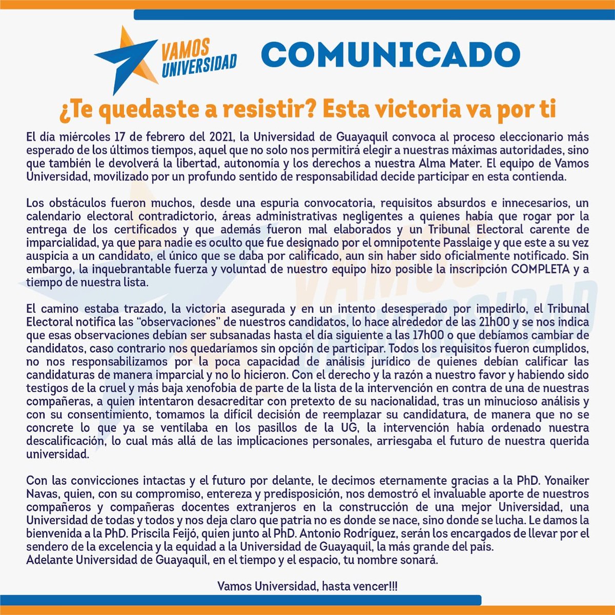 vamosug's tweet photo. COMUNICADO OFICIAL |

¿Te quedaste a resistir? Esta victoria va por ti! https://t.co/OzzwswmKrd