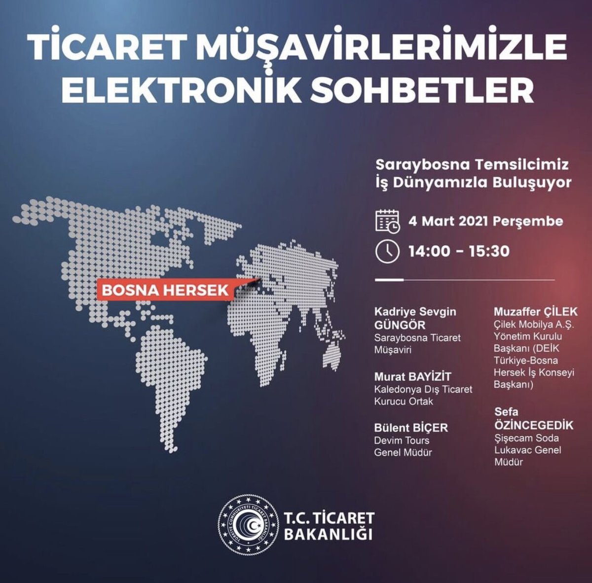 Bosna Hersek ticaret müşavirliğinin gerçekleştireceği online etkinliğe aşağıdaki linkten kayıt olabilirsiniz;
dtybs.ticaret.gov.tr/e-sohbetler/ta…
