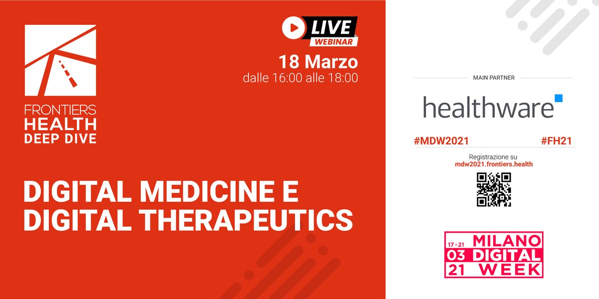 FrontiersHealth's tweet image. [ITA] In occasione della @MI_DigitalWeek torna Frontiers Health Deep Dive con un evento virtuale, in partnership con @healthware_intl, dedicato a "Digital Medicine e Digital Therapeutics", il 18/3 alle ore 16:00. La registrazione è gratuita: mdw2021.frontiers.health #FH21 #MDW2021